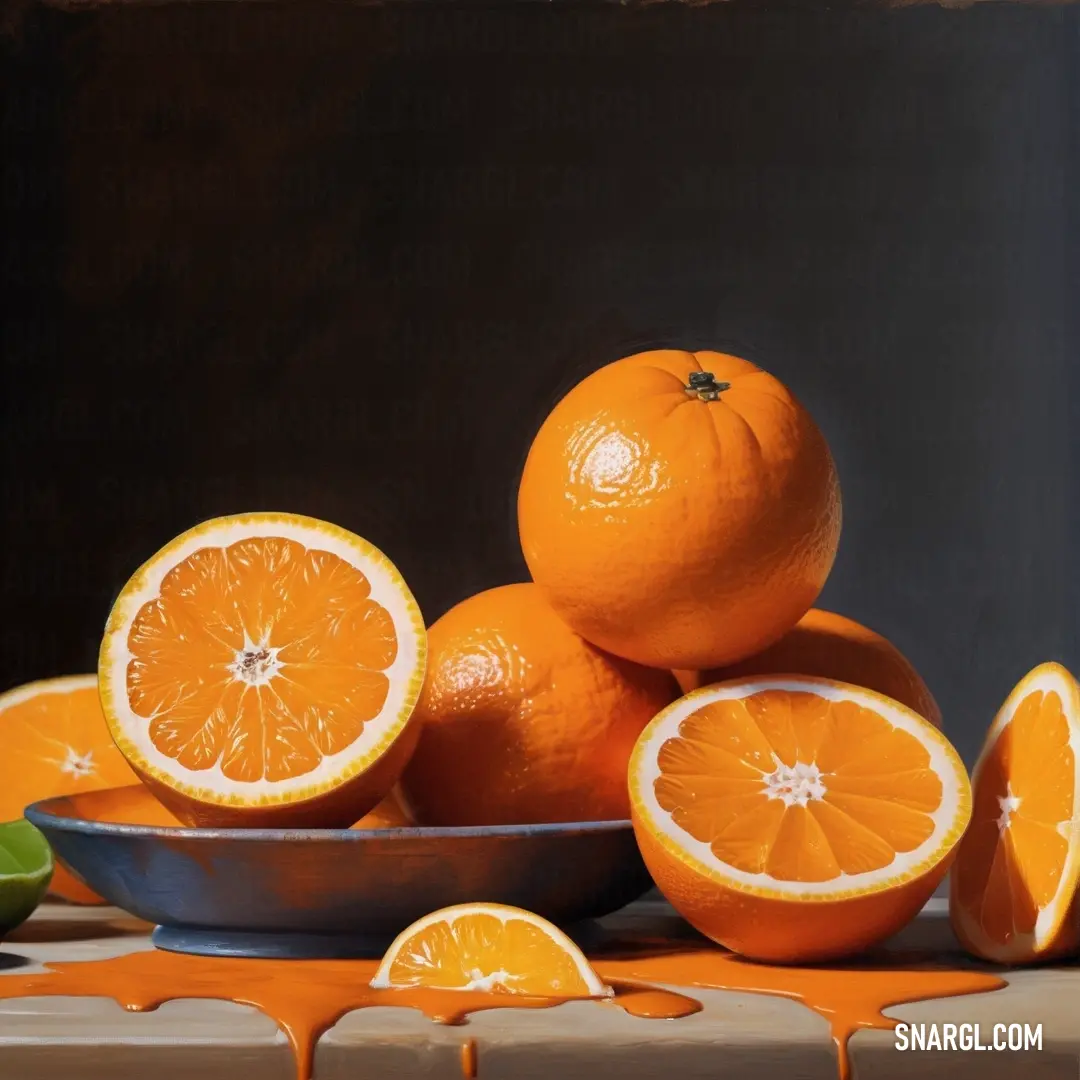 PANTONE 2018 color. Painting of oranges and a bowl of oranges on a table with orange slices on it and a lime