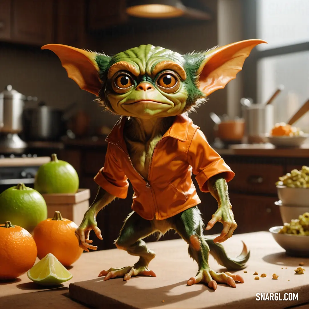 Small creature is standing on a cutting board with apples and oranges in the background. Example of PANTONE 2018 color.