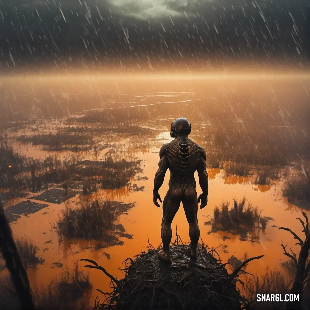 PANTONE 2019 color example: Man standing on top of a pile of dirt in the rain with a helmet on and a body of water in the background