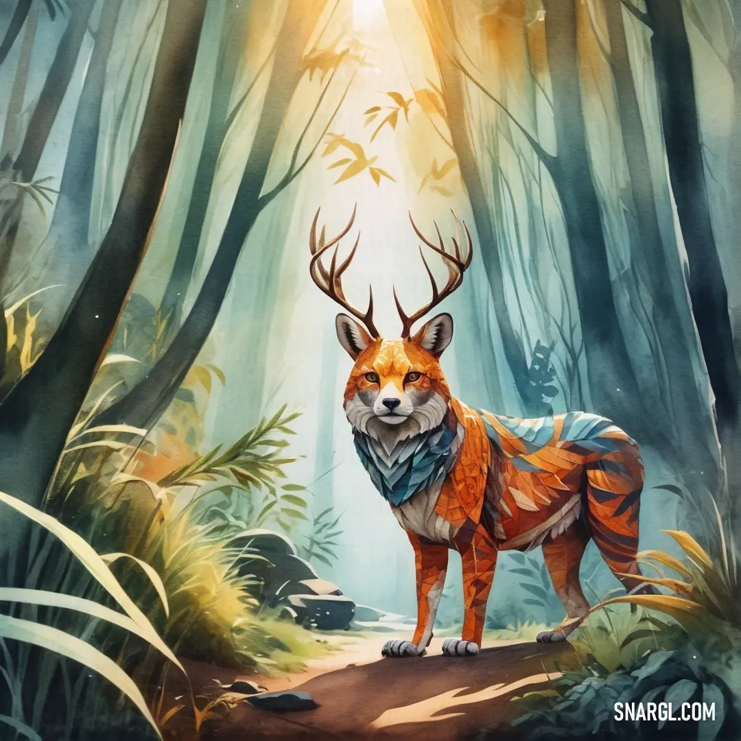 Painting of a fox in the woods with a sunbeam in the background. Color CMYK 0,69,100,2.