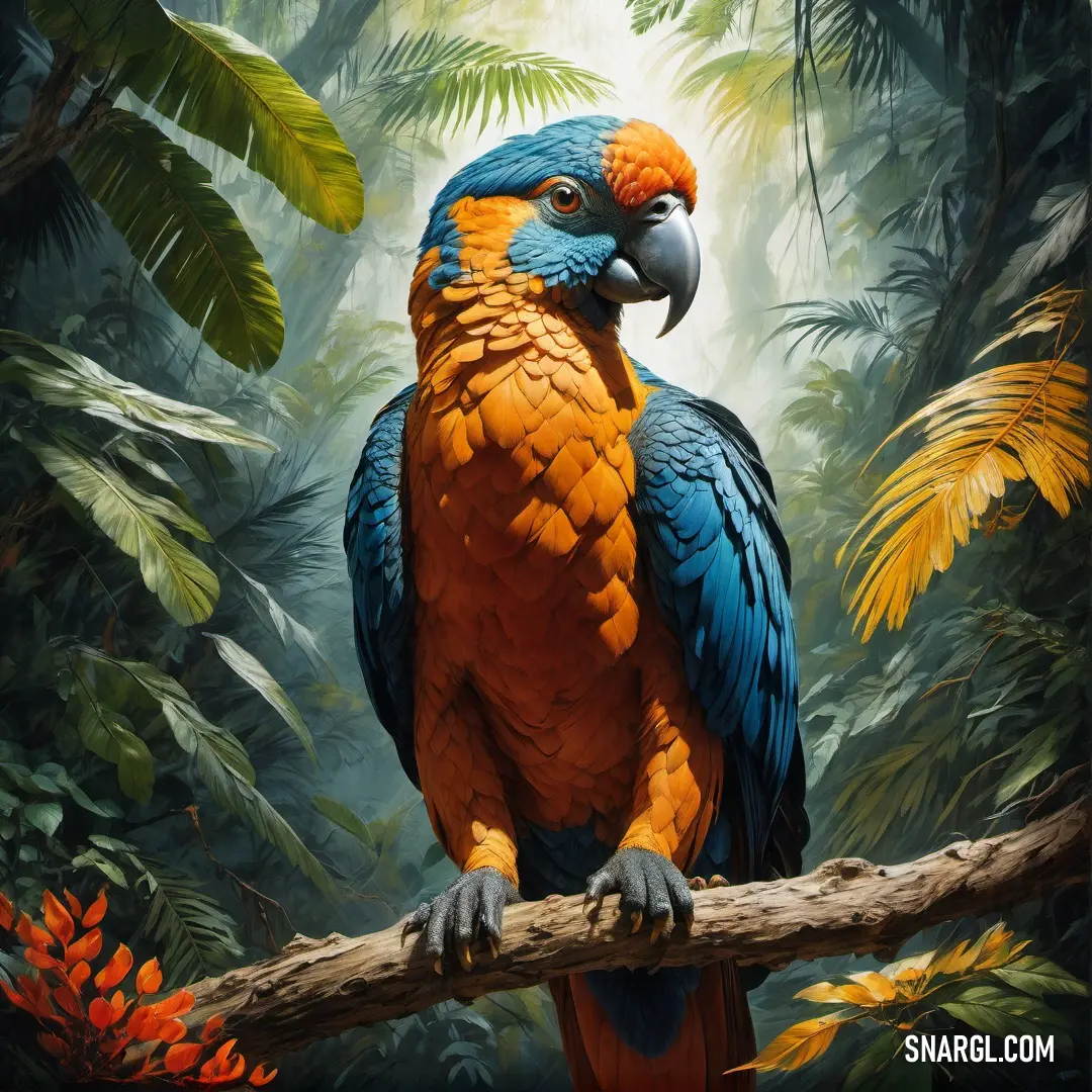 Painting of a parrot perched on a branch in a jungle setting with tropical plants and trees in the background. Example of #E17C0F color.