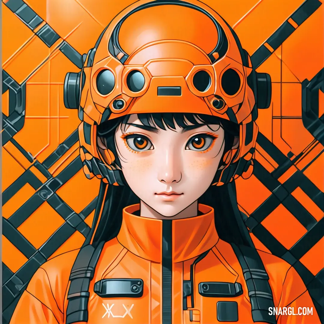 Woman in an orange jacket and helmet with headphones on her head and a background. Color CMYK 0,69,100,2.