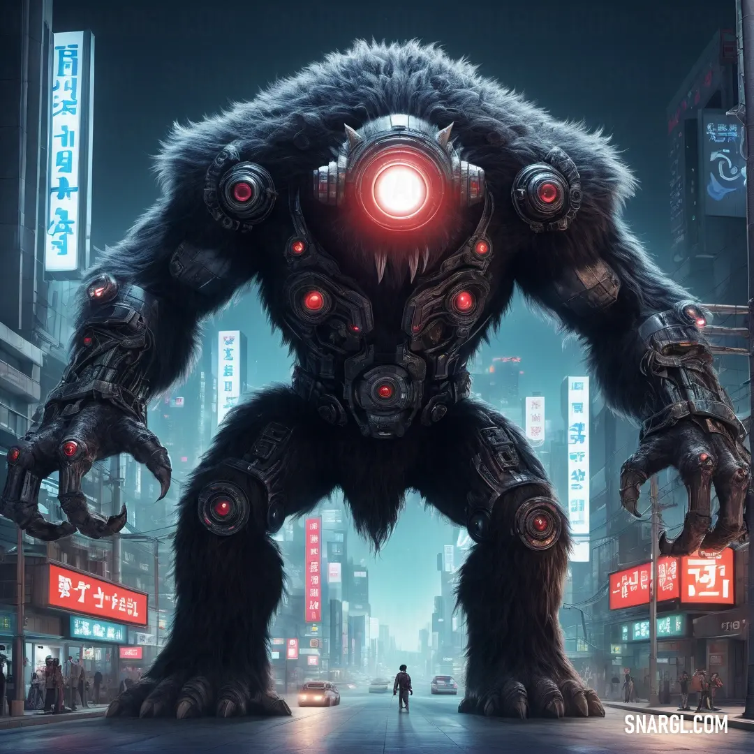 Giant robot standing in the middle of a city street with a man walking by it in front of a tall building