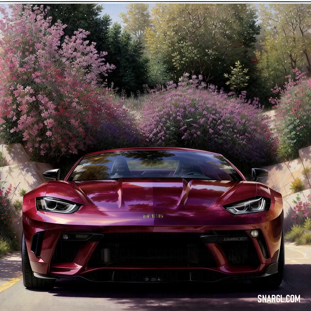 Red sports car driving down a road next to a forest of purple flowers and trees in the background