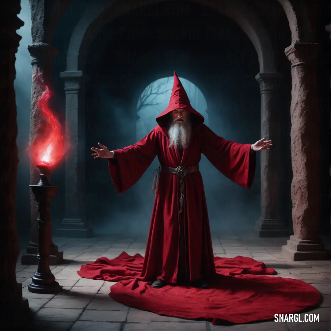 Wizard standing in a dark room with a red robe and a red light in his hand