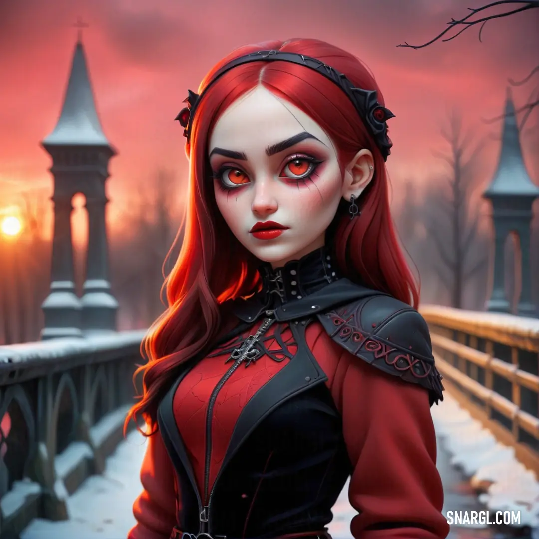 Woman with red hair and makeup is standing on a bridge in the snow with a red - haired girl with red hair and black eyes