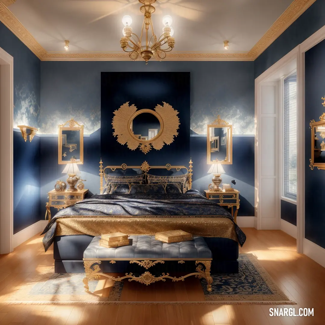Bedroom with a bed, mirror. Example of #BB6C17 color.