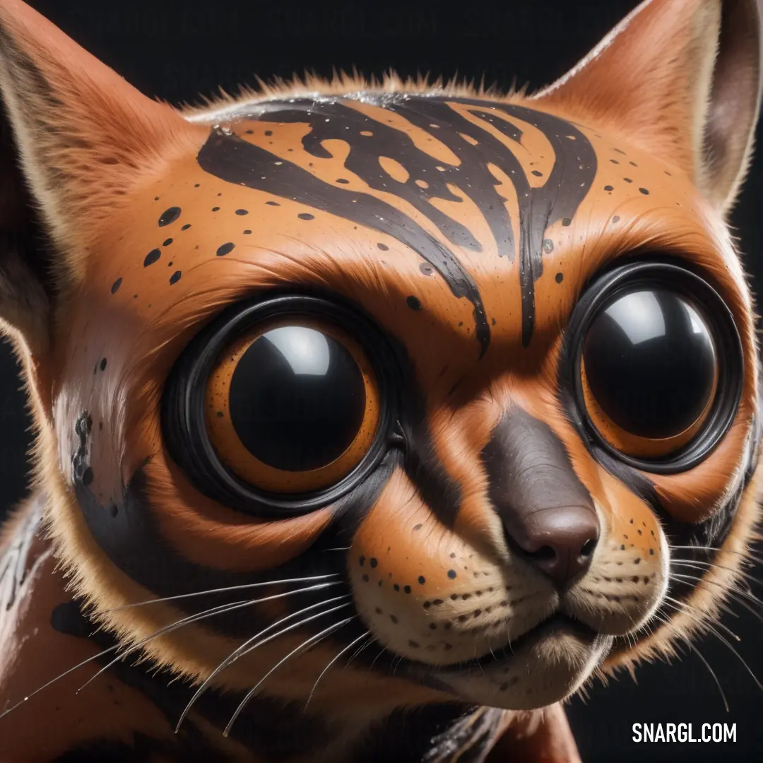 Close up of a cat with big eyes and a cat like face paint job on it's face. Color #BB6C17.
