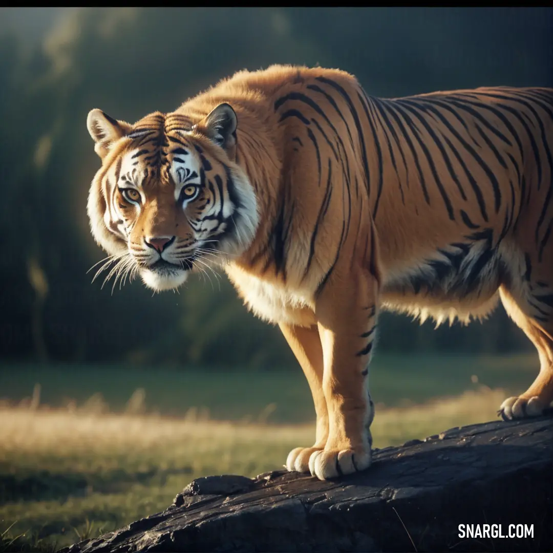 Tiger standing on a rock in a field of grass and trees in the background. Example of #BB6C17 color.