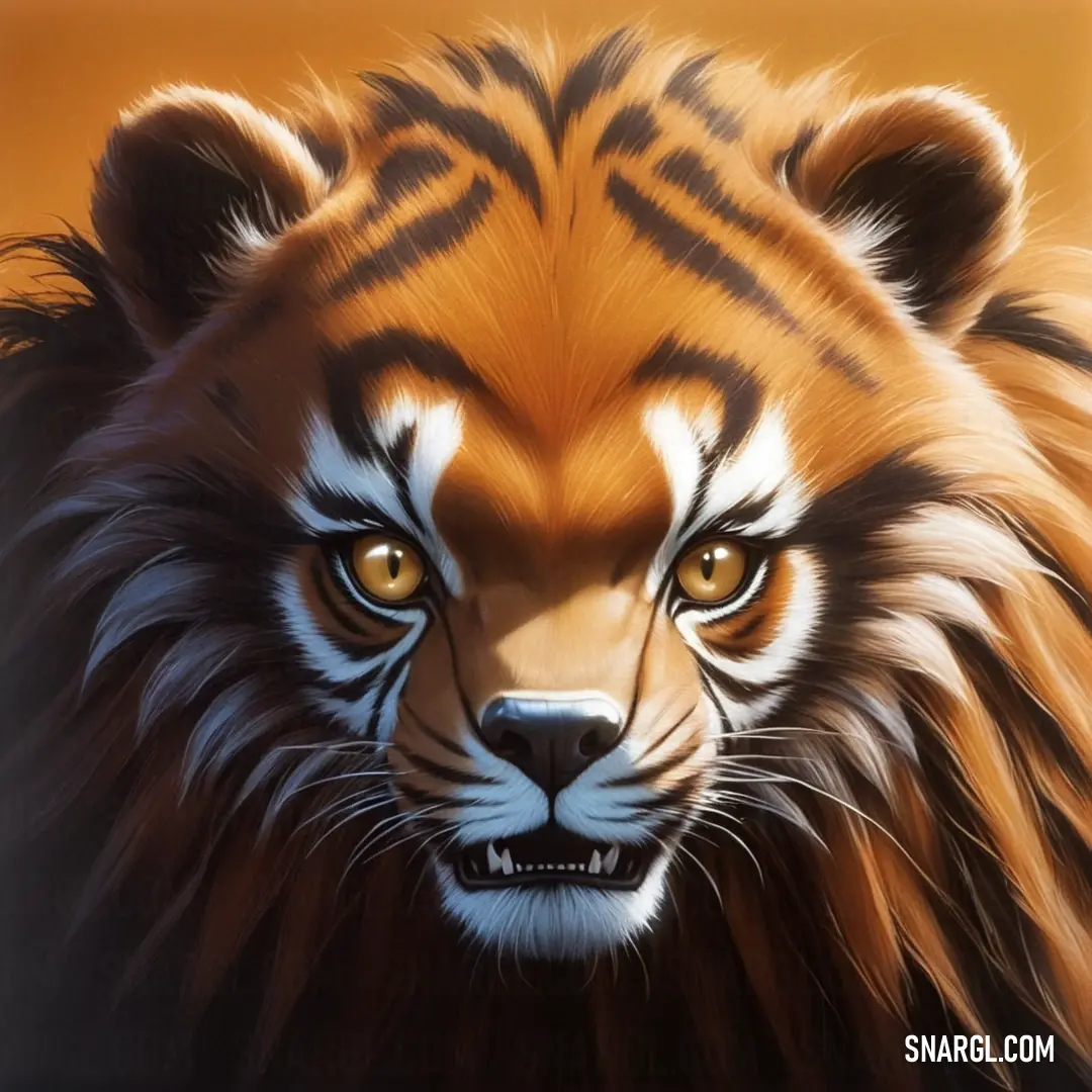 Tiger with a very large furry face and yellow eyes. Color RGB 187,108,23.