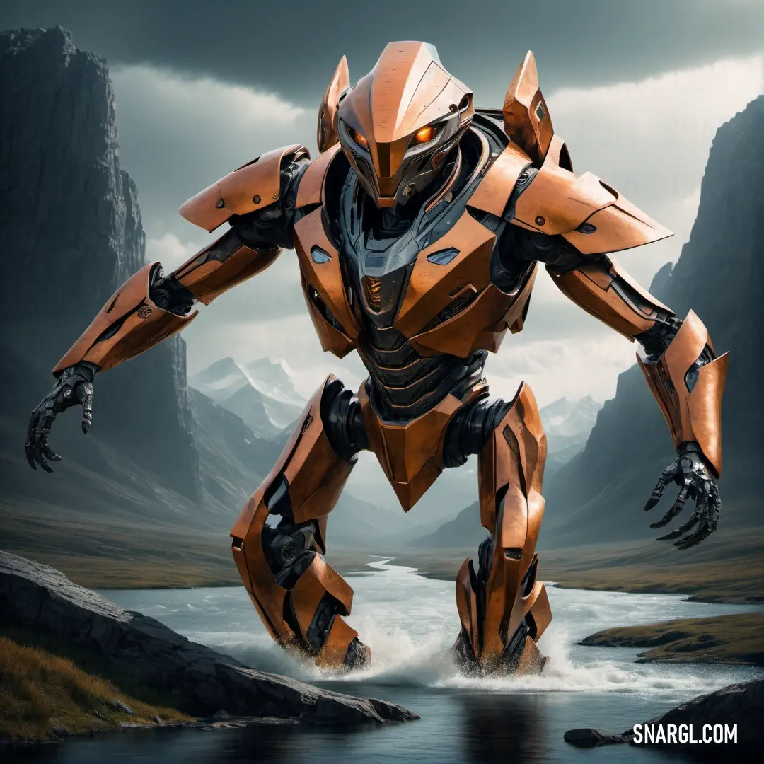 Robot that is standing in the water near a mountain range with a river in front of it and a mountain range in the background