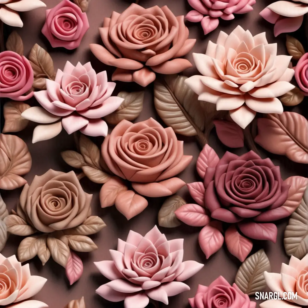 Bunch of fake flowers on a wall together in a room with a brown background. Color #ECB086.