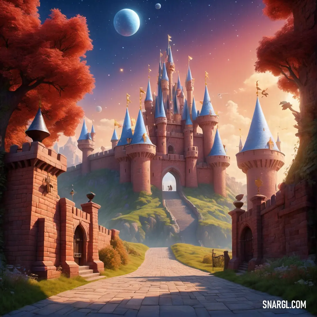 Castle with a pathway leading to it and a moon in the sky above it and a path leading to it. Example of PANTONE 2022 color.