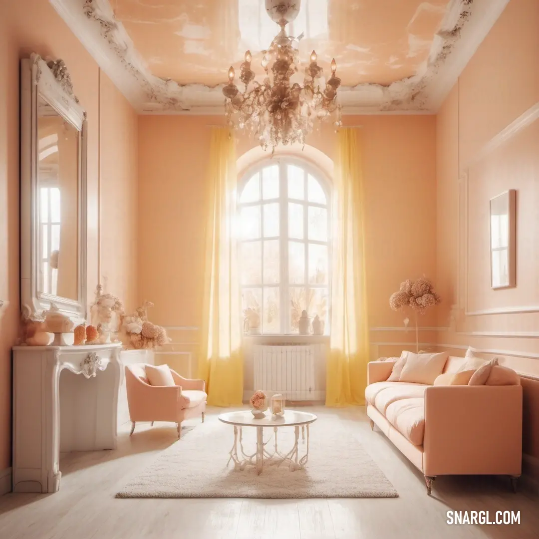 PANTONE 2022 color example: Living room with a couch, chair, table and a chandelier in it's center
