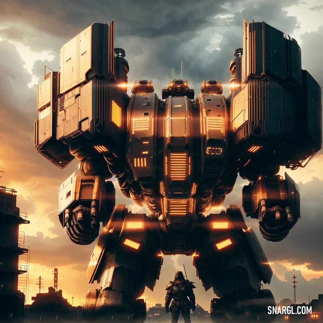 CMYK 0,48,54,0. Giant robot with a bunch of boxes on its back standing in front of a city at sunset with a cloudy sky