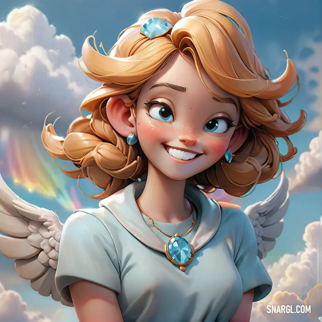 Cartoon girl with blonde hair and blue eyes and a blue necklace and angel wings on her shoulder. Color CMYK 0,50,71,0.