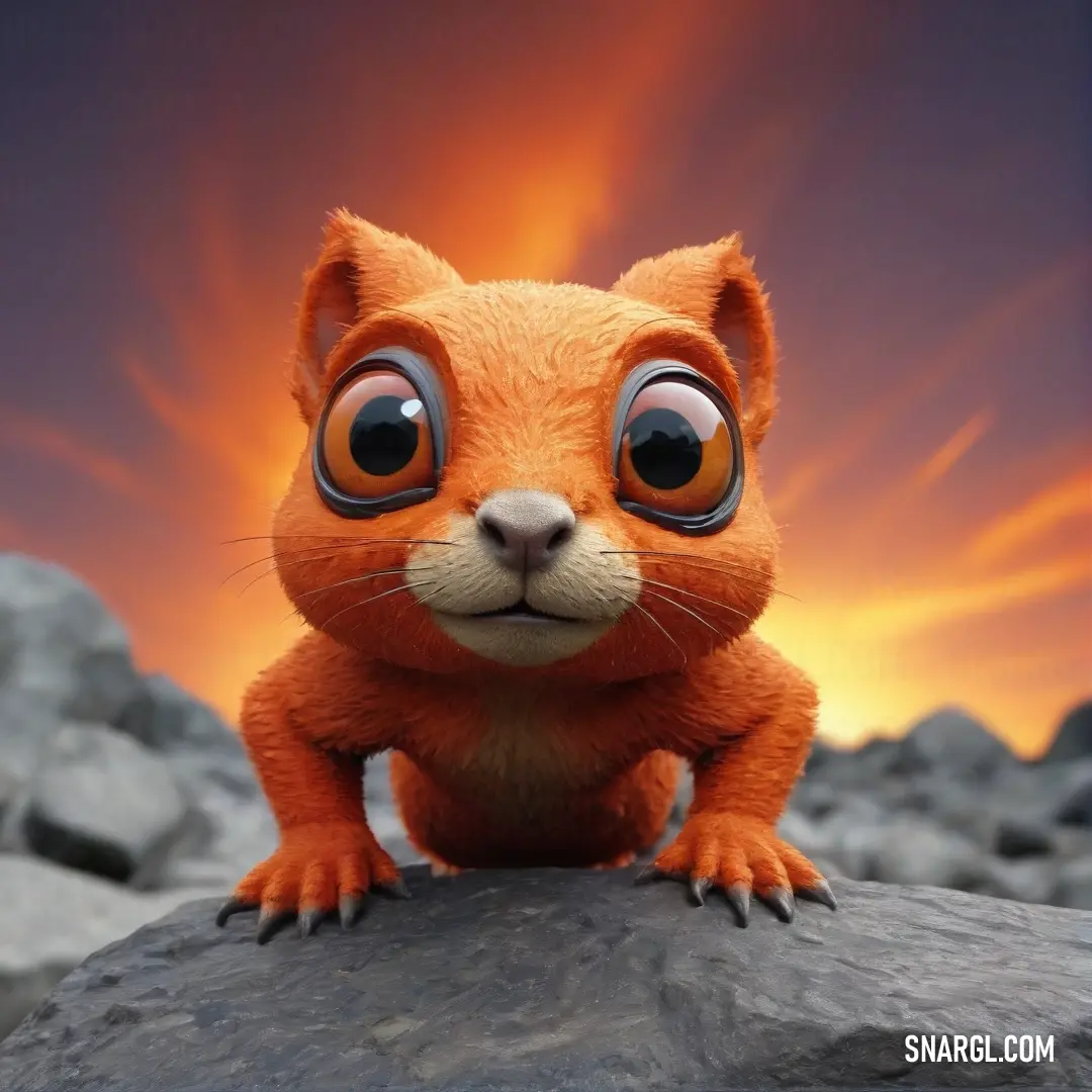 A playful cartoon squirrel with oversized, expressive eyes perches on a warm rock as the sun sets in the background, painting the sky with deep oranges and reds, creating an atmosphere filled with joy and innocence.