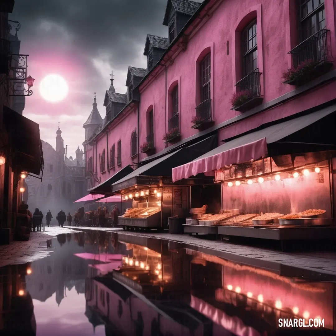 A vibrant city street, filled with tables and umbrellas, stretches out under a pink sky. The atmosphere is light and joyful, with a soft sun casting a warm glow on the scene. PANTONE 2025 lends a rich color to the environment, highlighting the street