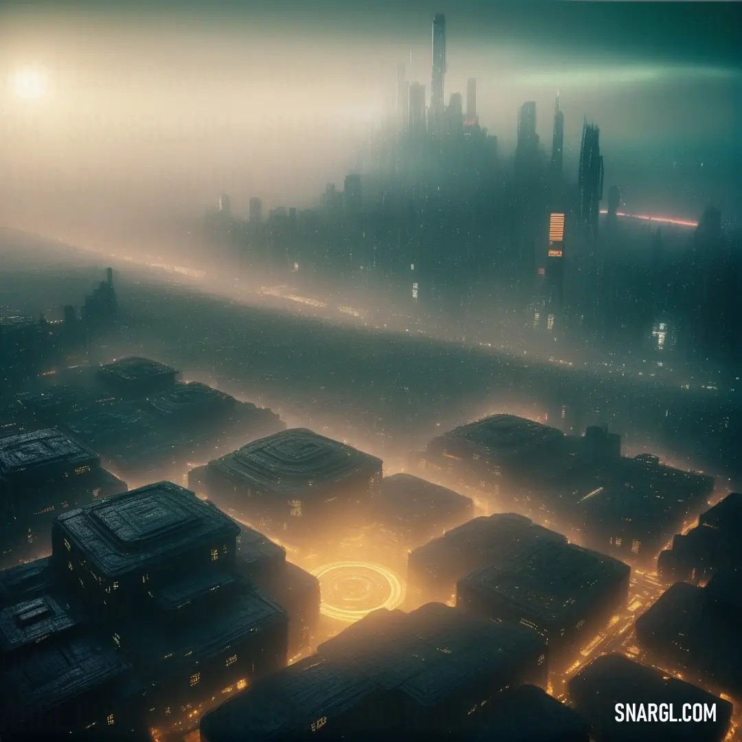 A dense fog envelops a city filled with towering buildings at night, where a single bright light cuts through the mist, casting an eerie glow. The muted environment, with soft lighting, creates a surreal, almost dreamlike atmosphere. The color profile is 