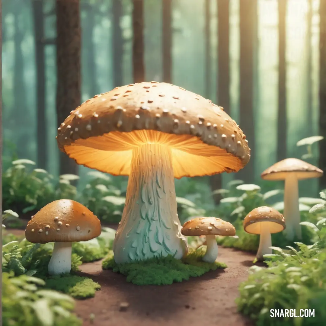 PANTONE 2025 color example: Group of mushrooms that are in the grass near trees and bushes in the woods