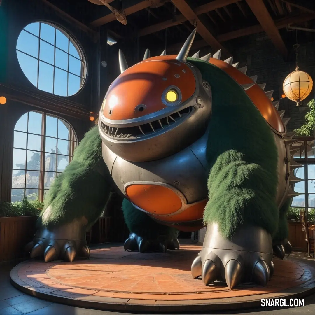 A large monster statue positioned inside a building with high windows and a ceiling light overhead. The scene is bathed in PANTONE 2025, creating a dramatic and bold atmosphere.