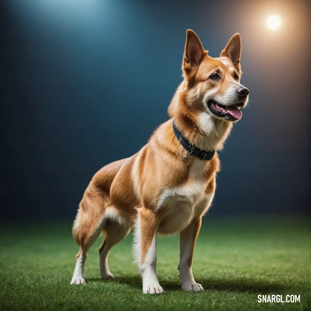 A majestic dog standing confidently on a lush green field, illuminated by a dramatic spotlight that accentuates its poise and elegance. The backdrop creates a captivating image that showcases the bond between nature and our loyal friends.