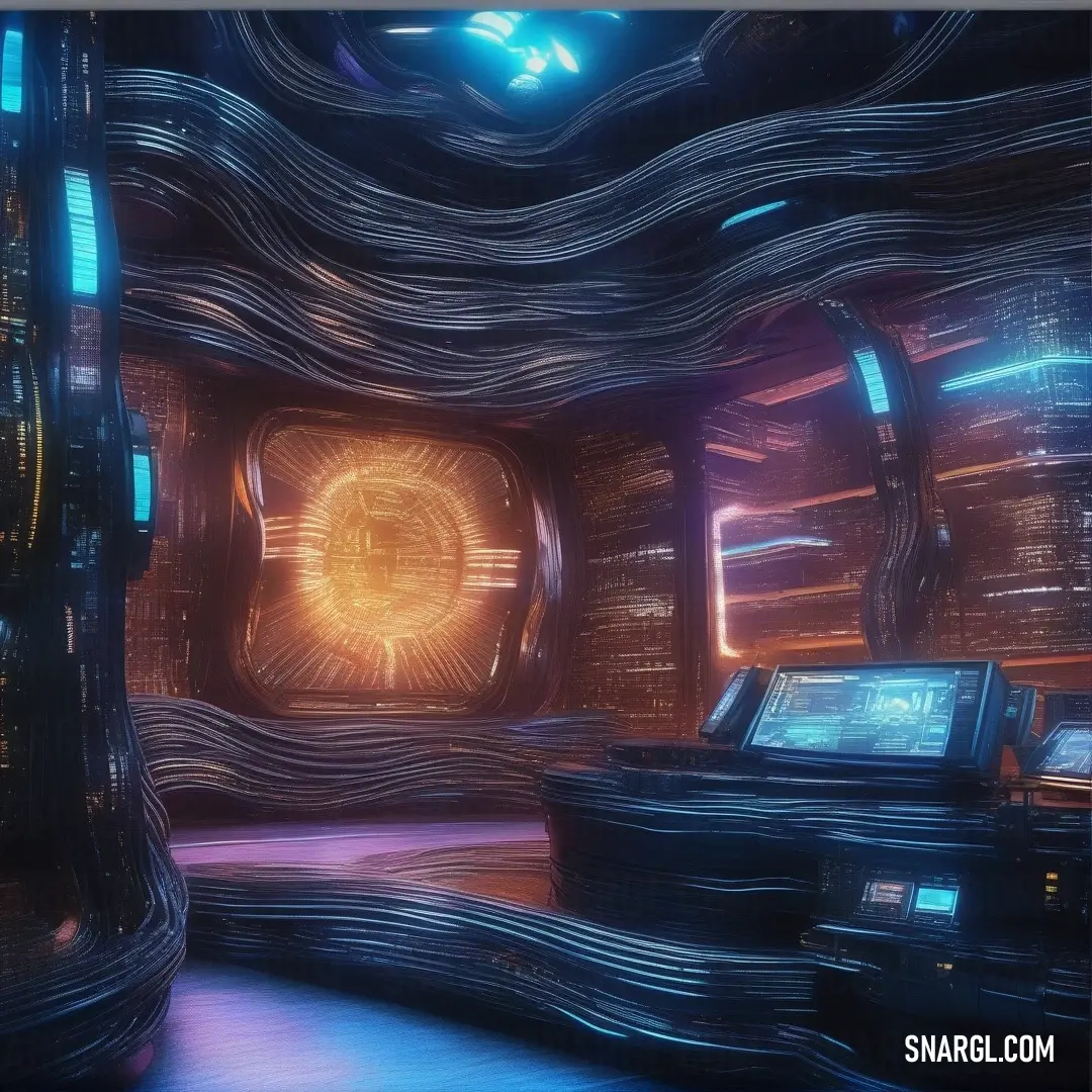 A futuristic room filled with vibrant lights and numerous glowing monitors covering the walls, creating an immersive and high-tech atmosphere. The overall glow has an orange tint, reflecting the color #E99D57 throughout the space.