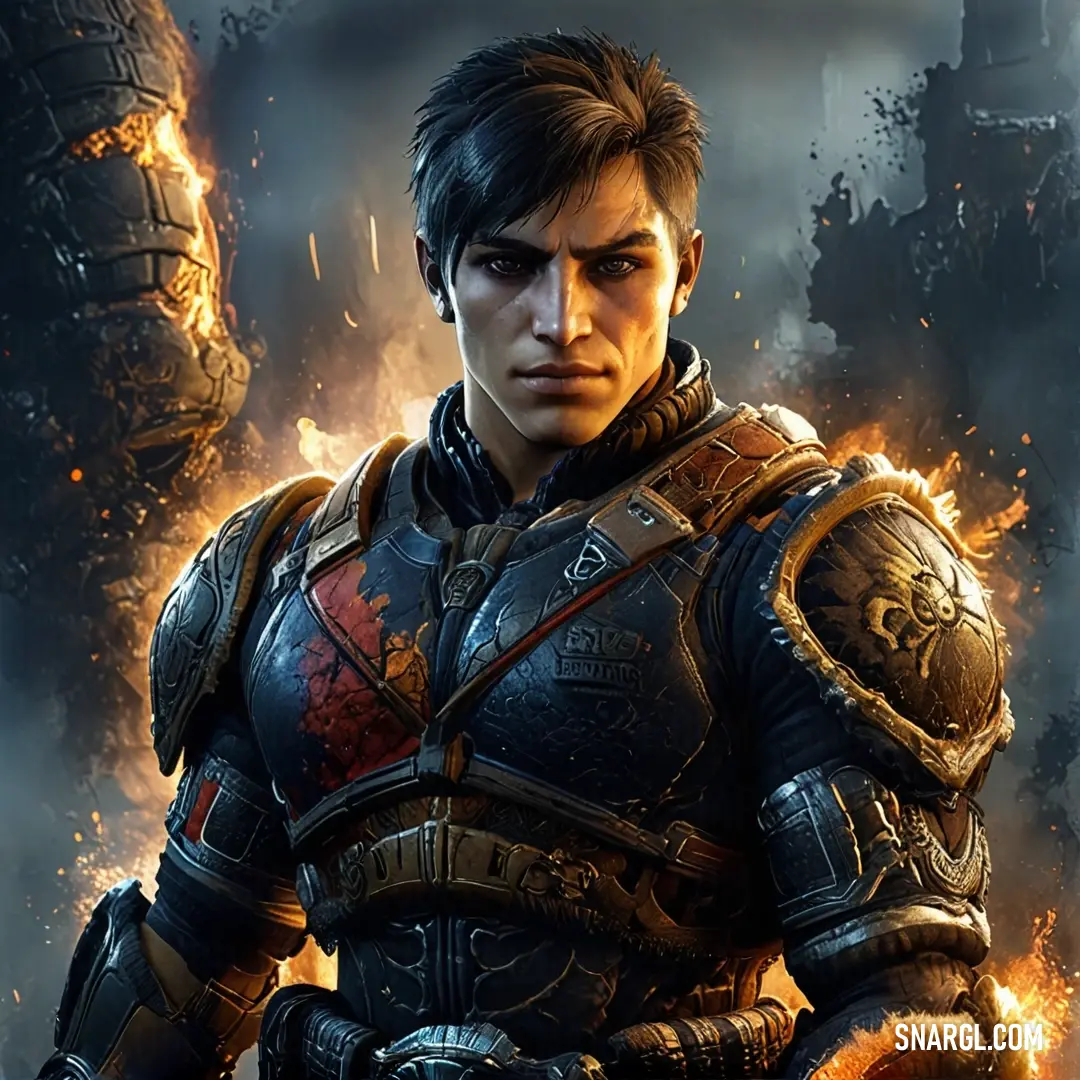 A fortified man in armor stands resolutely against a backdrop filled with fire, his fierce expression reflecting the chaos surrounding him. This image embodies a fearless spirit ready to face challenges head-on, igniting inspiration and awe.