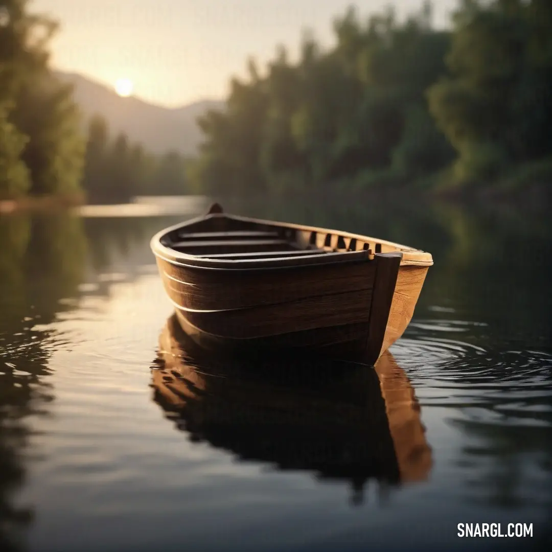 A small boat gently drifting atop a serene lake surrounded by lush forested hillsides, basking in the warm hues of sunset. The tranquil waters reflect the stunning colors, creating a picturesque scene that embodies the beauty of nature at dawn or dusk.