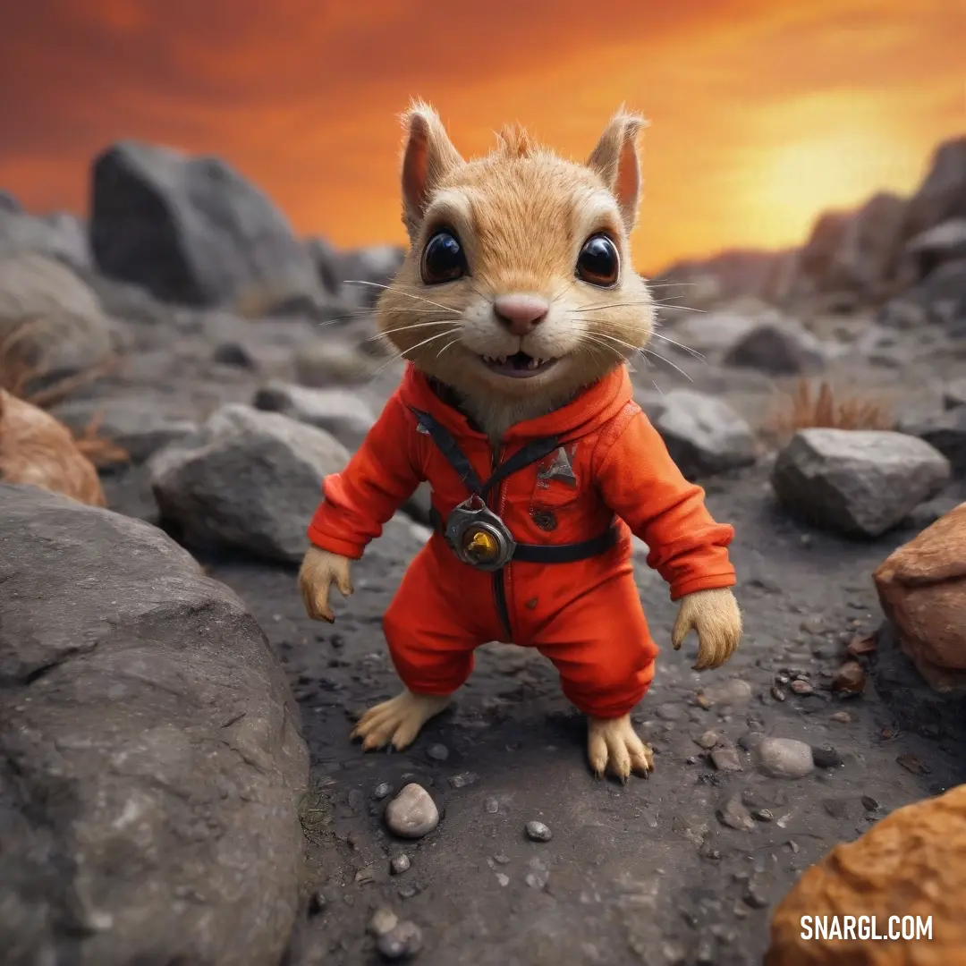 A charming small squirrel in a vibrant red suit confidently stands atop rugged rocks while a breathtaking sunset bathes the scene in warm hues of orange and pink. The colors reflect a perfect blend of nature's beauty and whimsical character.