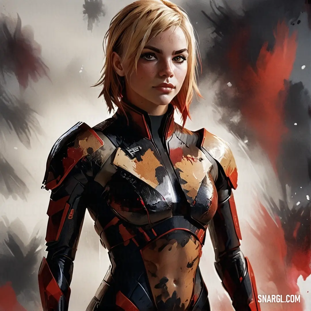 A determined woman in a sleek futuristic suit wields a sword and wears blood splatters like badges of battle. Set against a stark backdrop, she embodies resilience and strength in a scene that tells tales of struggle and survival.