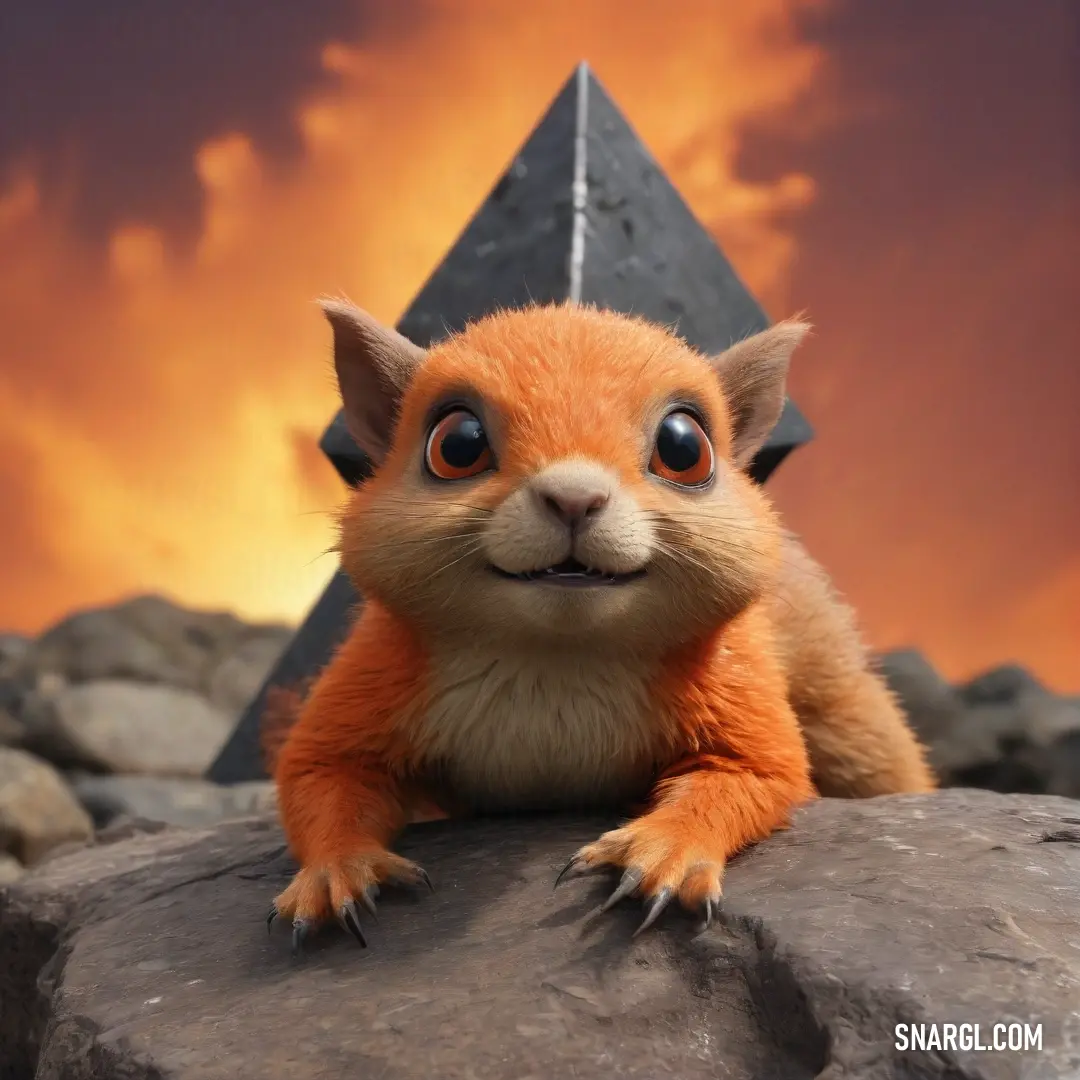 A small orange animal captures attention as it stands proudly atop a rock against a striking pyramid background. The PANTONE 2025 color enhances its playful demeanor, inviting viewers into a whimsical world full of adventure and exploration.