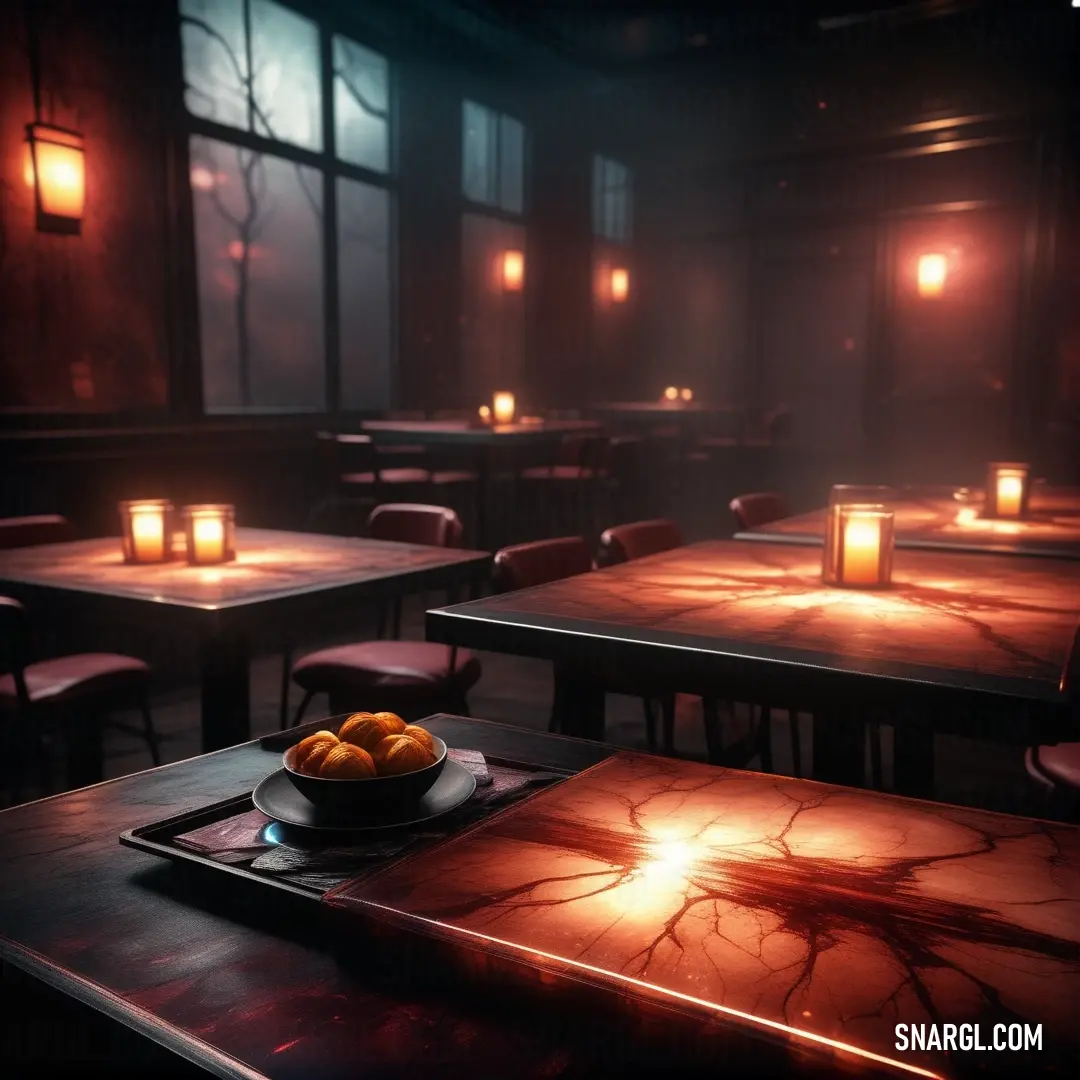 A cozy room illuminated by dim lights, featuring a table with a bowl of fruit and candles casting soft shadows on the surfaces. The warm ambiance is enhanced by the rich PANTONE 2025 color that fills the space.