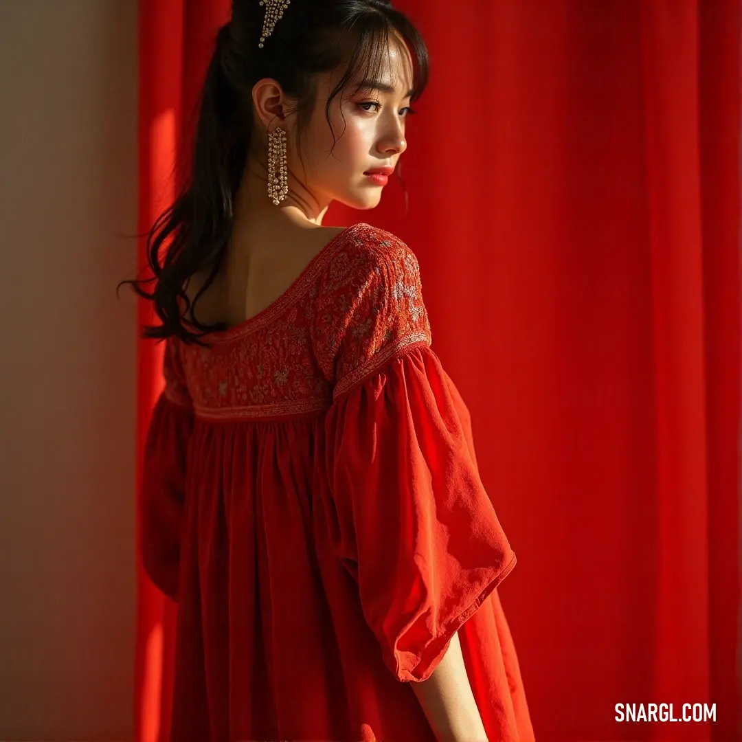 A radiant woman in a luxurious red dress stands gracefully in front of a rich red curtain, adorned with a pearl tiara, exuding elegance and a royal persona.