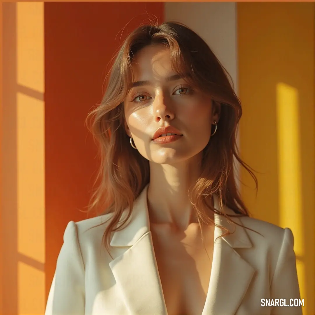 A striking image of a woman dressed in a stylish white suit stands out against a bright yellow background, her gaze directed off to the side, radiating confidence and sophistication.