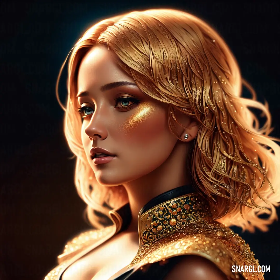 Woman with a golden dress and a gold choker on her neck and shoulder. Color #E99D57.