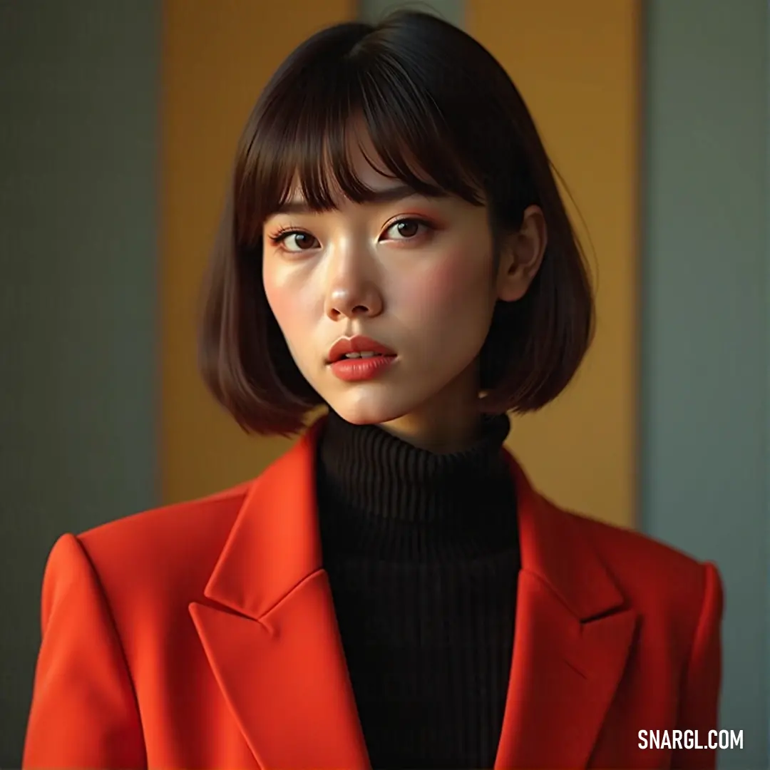 A serious-looking woman in a striking red jacket and black turtleneck sweater gazes directly at the viewer, conveying a potent mix of strength and intrigue in her expression.