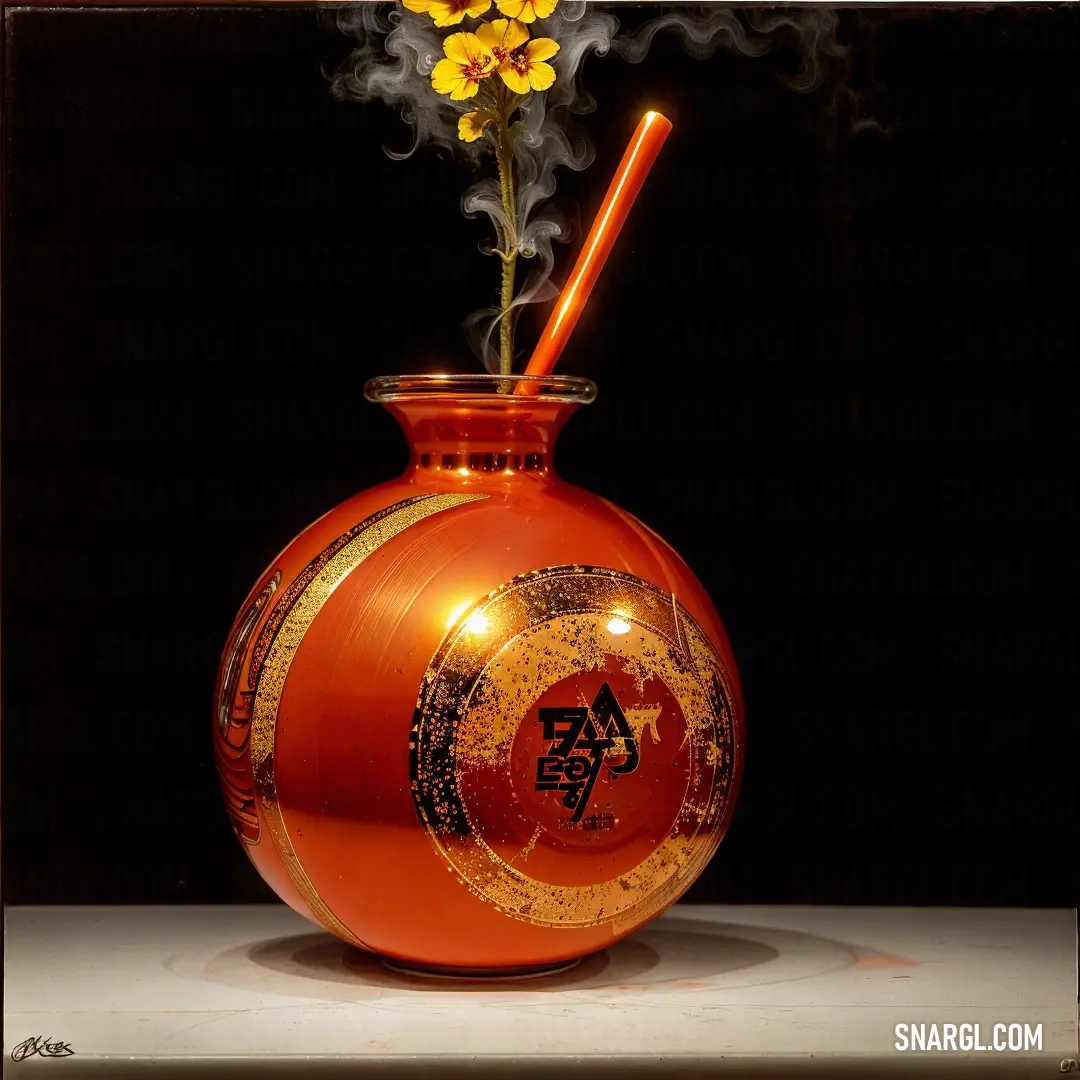 Vase with a flower in it on a table with a black background. Color #E06C42.