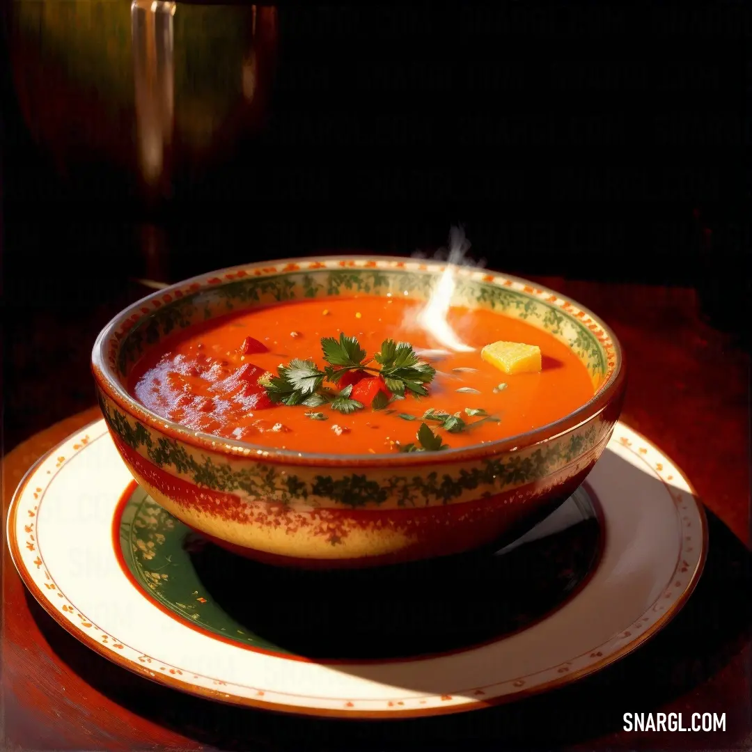 Bowl of soup with a spoon and a plate on a table with a spoon and a plate. Color PANTONE 2028.