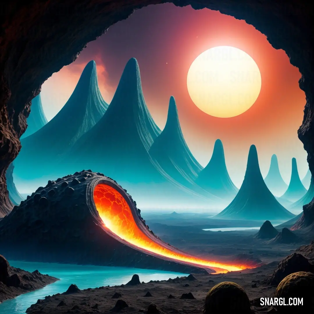 Cave with a bright orange light coming out of it's entrance to a body of water and mountains. Example of PANTONE 2028 color.