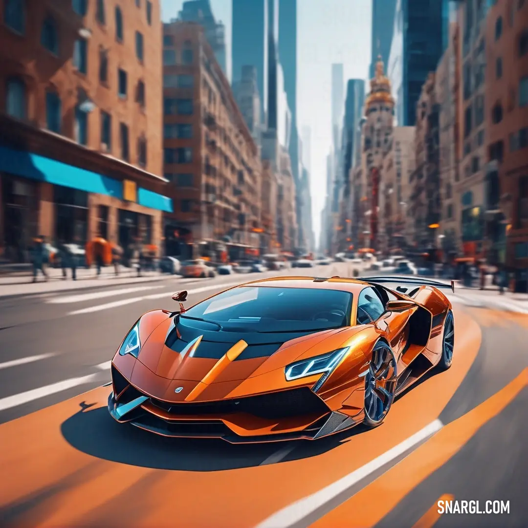 Very nice looking orange sports car driving down the street in a city with tall buildings and people walking around