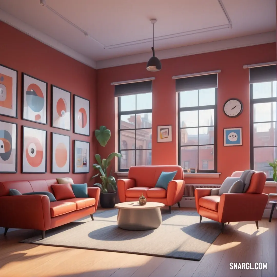 Living room with a lot of furniture and pictures on the wall behind the couches and coffee table. Example of PANTONE 2029 color.