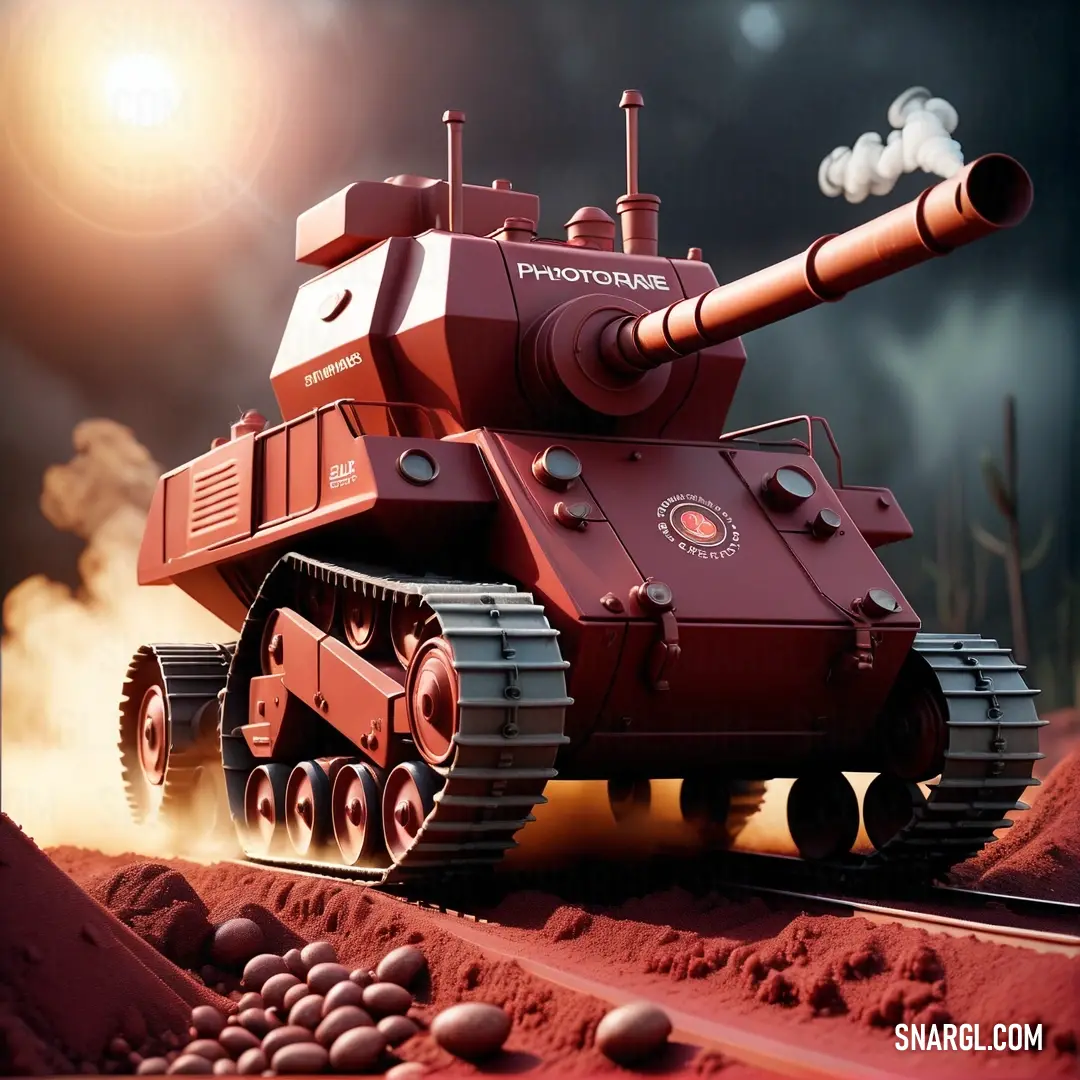 Red tank is on a red surface with rocks and gravel around it and a bright light shining on the background. Color CMYK 0,63,49,0.