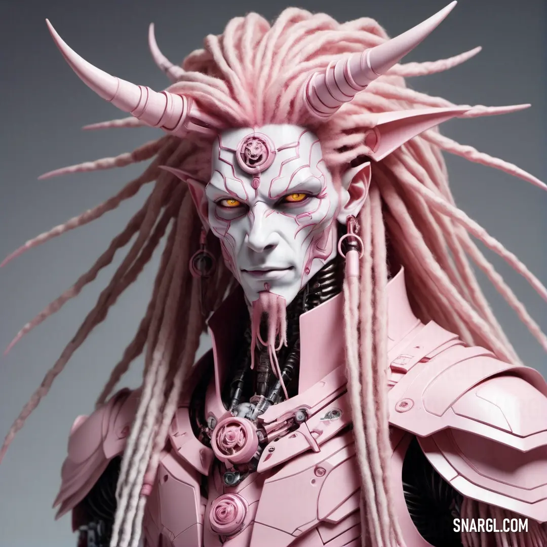Close up of a person with long hair and a demon mask on a gray background with pink dreadlocks