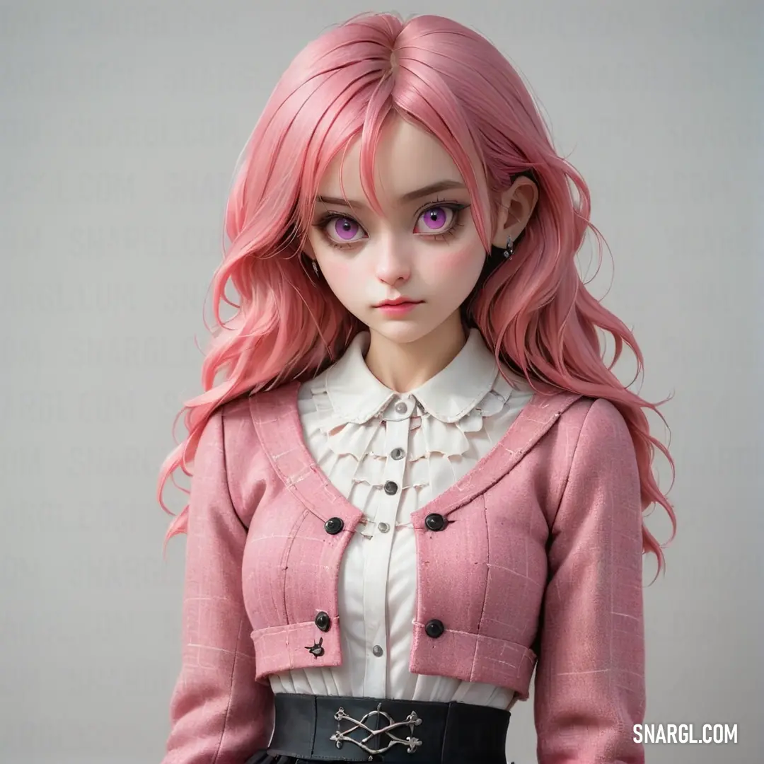 Doll with pink hair and a pink jacket on a white background with a black belt around her waist