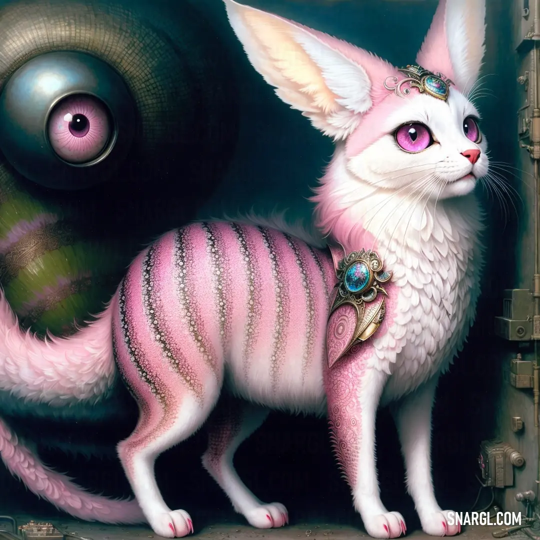 Pink cat with a jeweled collar and collared collar stands in front of a large metal object