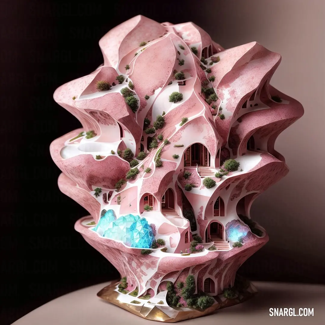 Pink sculpture with a house on top of it's side and trees growing out of it's sides