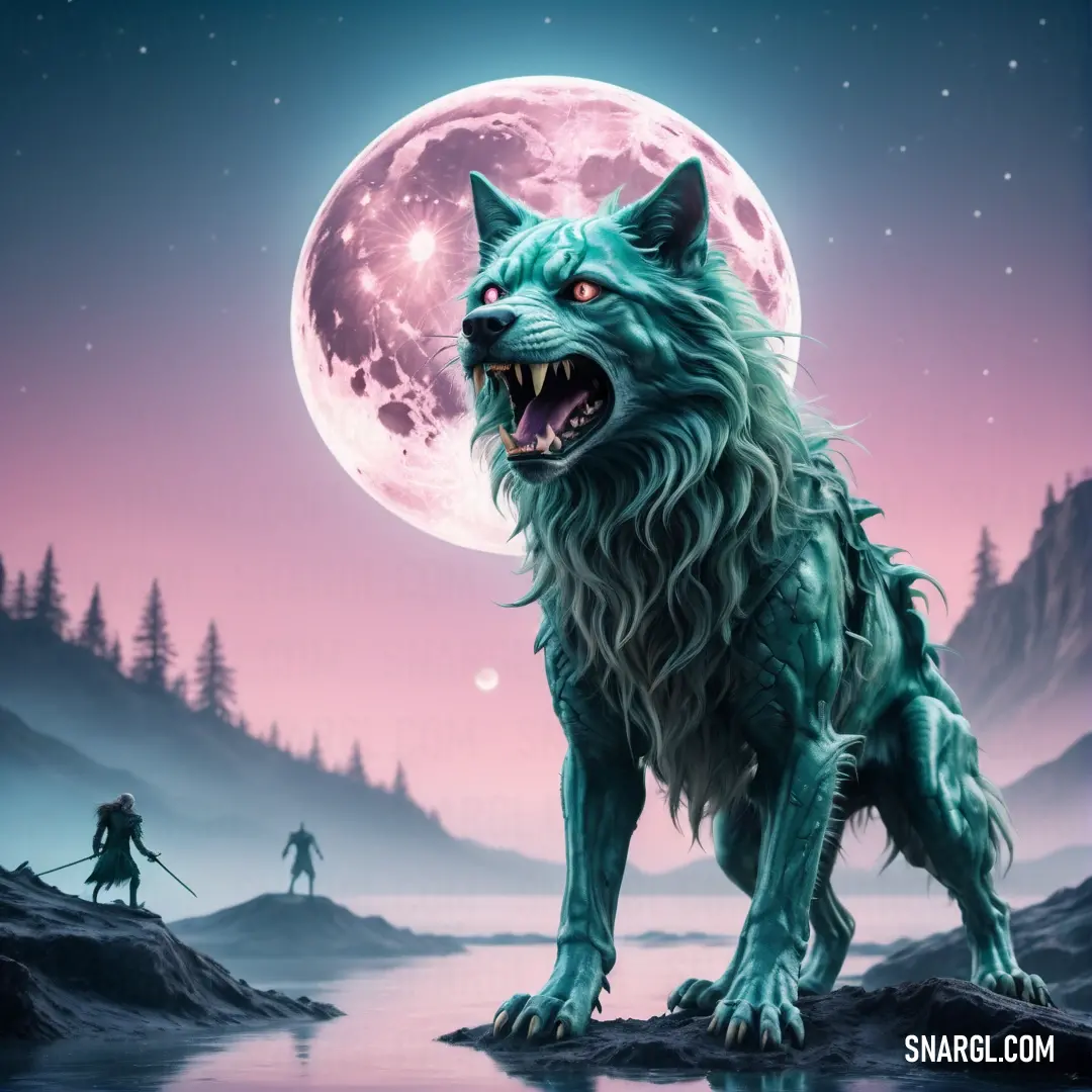 Wolf standing on a rock in front of a full moon with a man on a horse in the background
