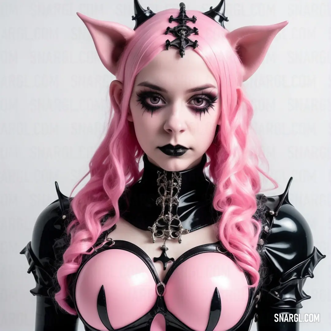Woman with pink hair and black cats ears and a cat costume on her chest