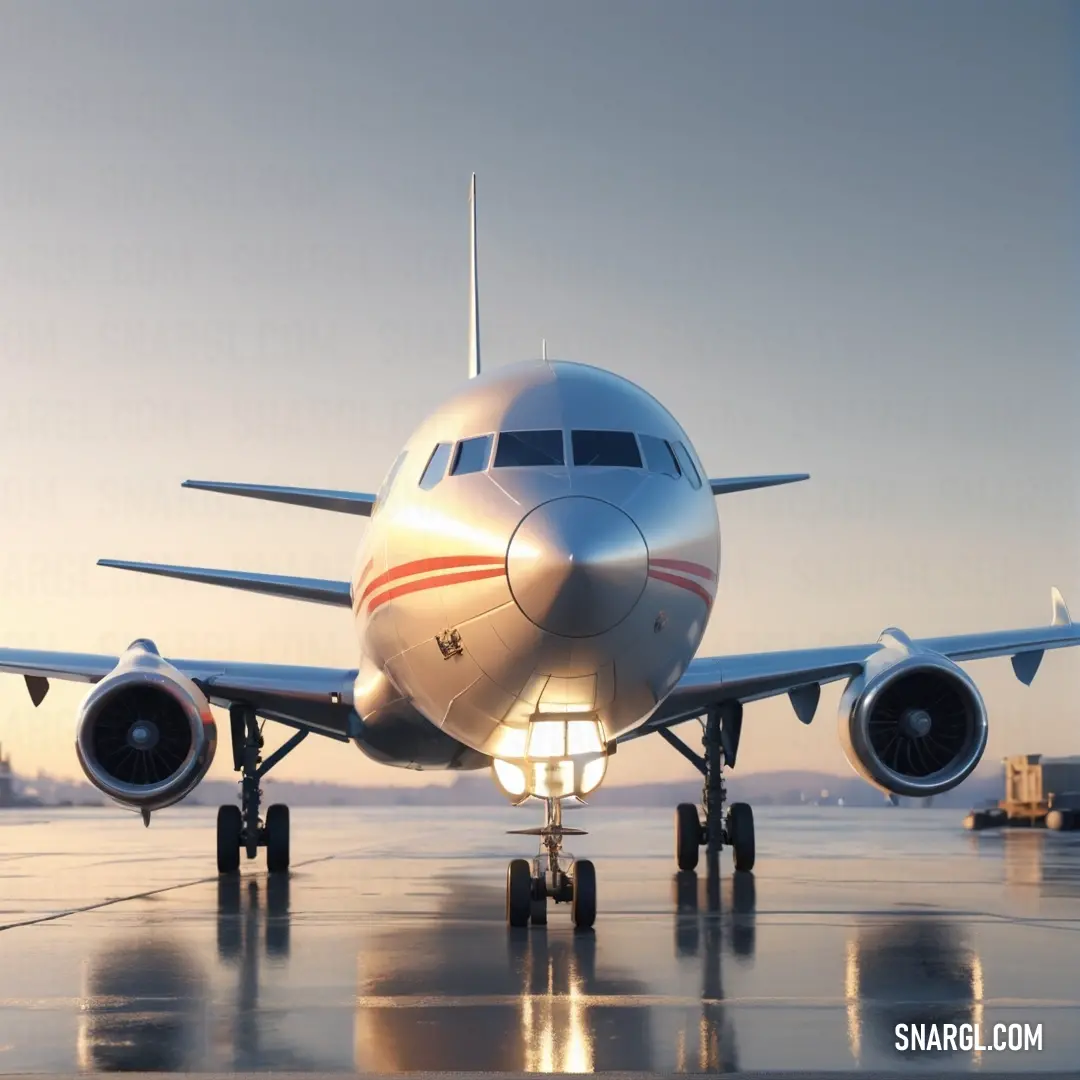 A large jetliner sits on the tarmac at an airport, bathed in the warm glow of a setting sun. The sun’s rays reflect on the ground, casting a golden light. The sky is painted in deep hues, complementing the jet’s massive silhouette.